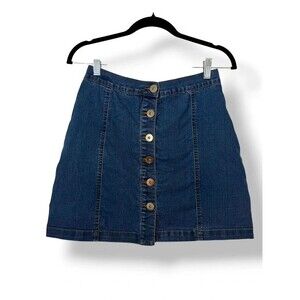 The Edit by Seventeen Denim Mini Skirt Button Front High Waist Blue A-Line Sz 9